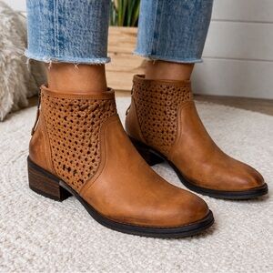 Very Volatile Manaste Perforated Distressed Leather Boho Booties Cognac Size 8.5